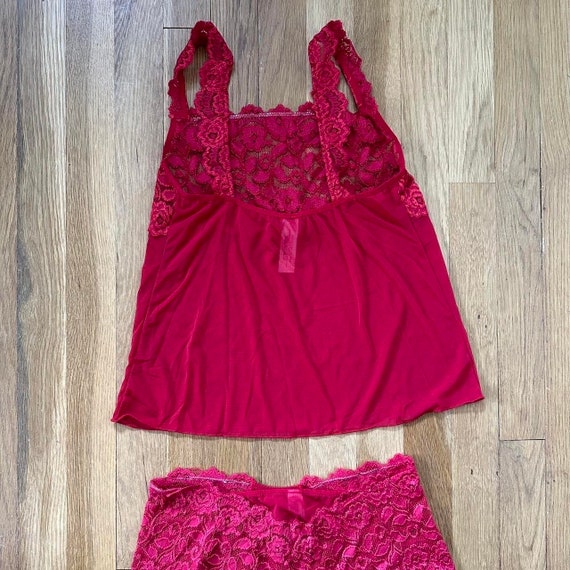 Y2K Cabernet Red Floral Lace Two Piece Cami Panty… - image 7