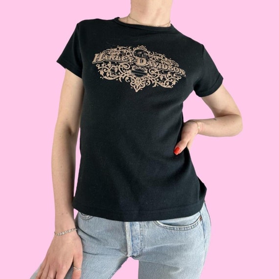 Y2K Harley Davidson Rhinestone Short Sleeve Baby Tee Shirt