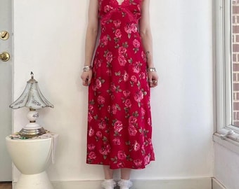 Vintage red and multicolor floral silky lace lingerie slip maxi dress by California Dynasty / size medium