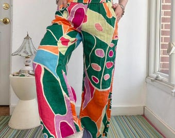 Multicolor abstract low rise loose fit linen pants by Cristin Siriano XS