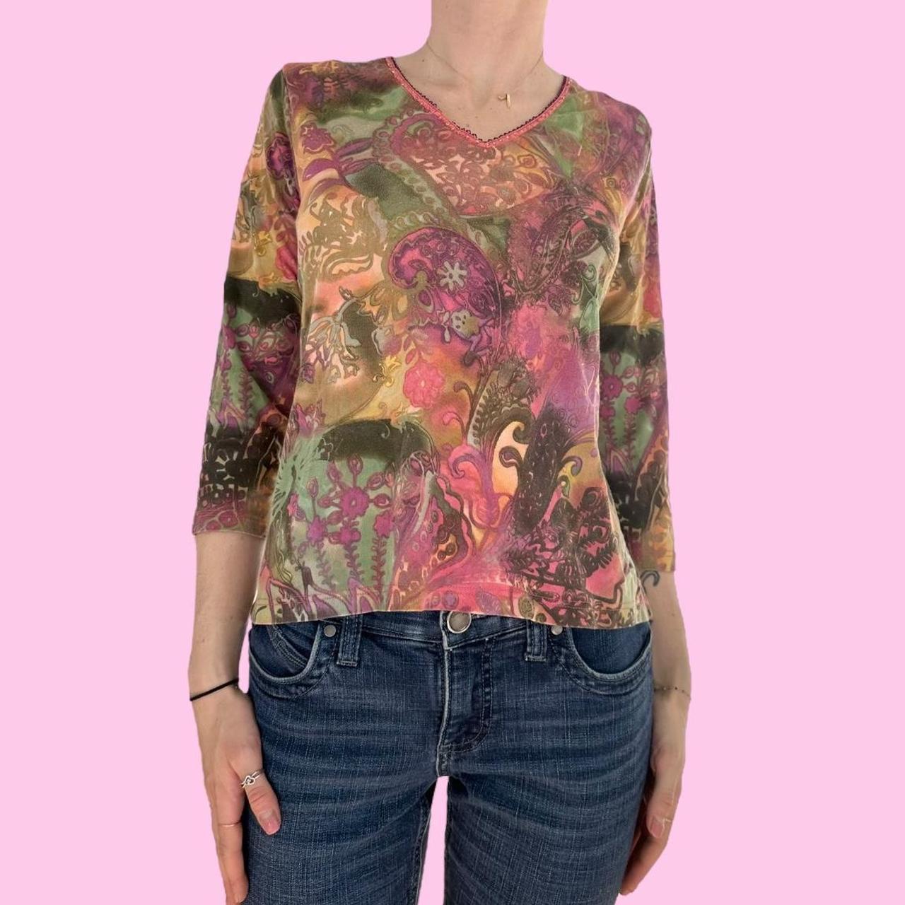 Y2K Green Pink Floral Paisley Baby Tee Shirt Size Medium