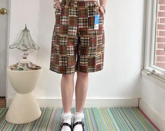 Vintage brown and multicolor plaid patchwork low rise loose fit baggy shorts by Relativity Size 14P