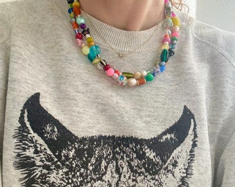 Freshwater Pearl Colorful Necklace: Chunky Beaded Necklace with multicolor glass, stone, Czech and lampwork beads
