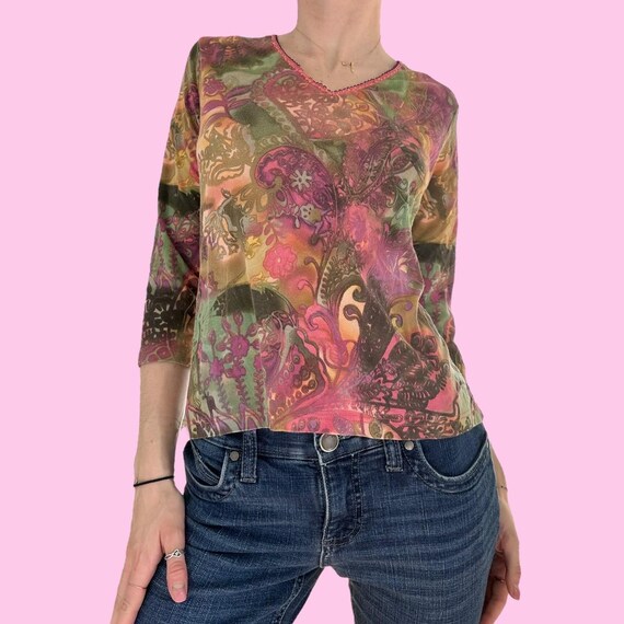 Y2K Green Pink Floral Paisley Baby Tee Shirt Size Medium