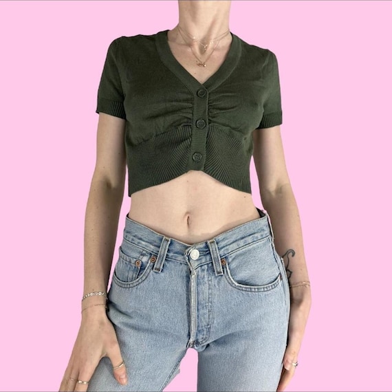 Y2K Green Cropped Short Sleeve Babydoll Cardigan … - image 1