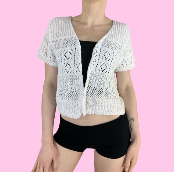 Y2K White Crochet Eyelet Knit Fairy Grunge Cardig… - image 2