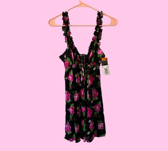 Y2K Black Pink Floral Ruffle Lingerie Mini Dress … - image 3