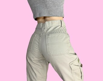 Y2K Cream Khaki Skater Grunge Wide Leg Cargo Pants W25 W26