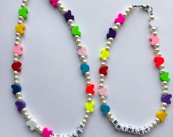 Mickey beaded necklace with freshwater pearls, random color mouse beads and customizable name