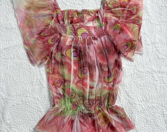 Y2K pink and green feathered floral wide sleeve top by Mi Manchi / Size small
