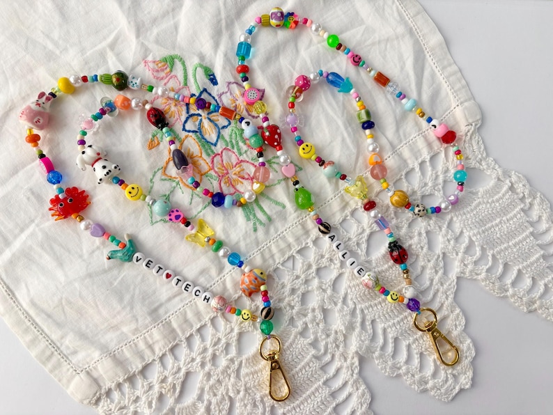 Customizable Badge Holder with a mixture of glass, natural stone, and rondel quartz beads: Teacher Badge, Nurse Badge, Beaded Lanyard image 9