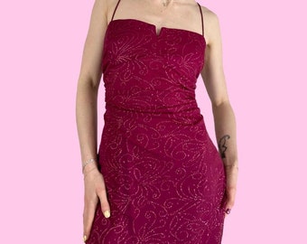 Y2k Magenta Pink Glitter Swirl Asymmetrical Midi Prom Formal Dress Size Medium
