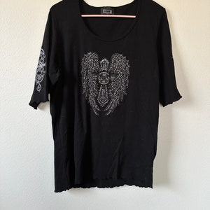 Y2K Black Rhinestone Angel Wings Cross Baby Tee Shirt Size large