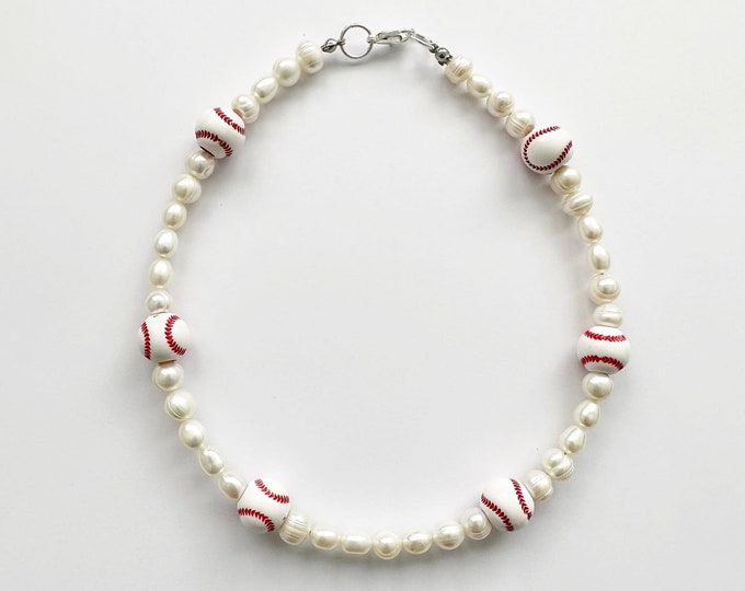 Customizable Beaded Sports Necklace: Freshwater Pearl Baseball Jewelry