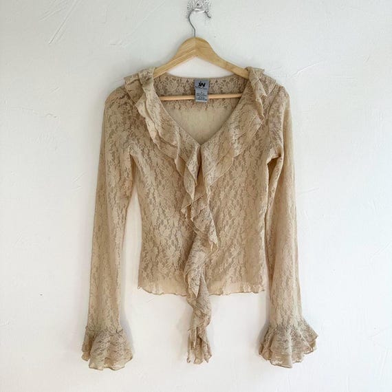 Vintage 90s Tan Lace Wide Sleeve Ruffle Blouse Shirt Size