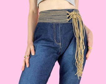 vintage Y2K Stretchy Tie Lace Up Dark Wash Mid Rise Flare Leg Jeans Taille 8 Mid Waist W30