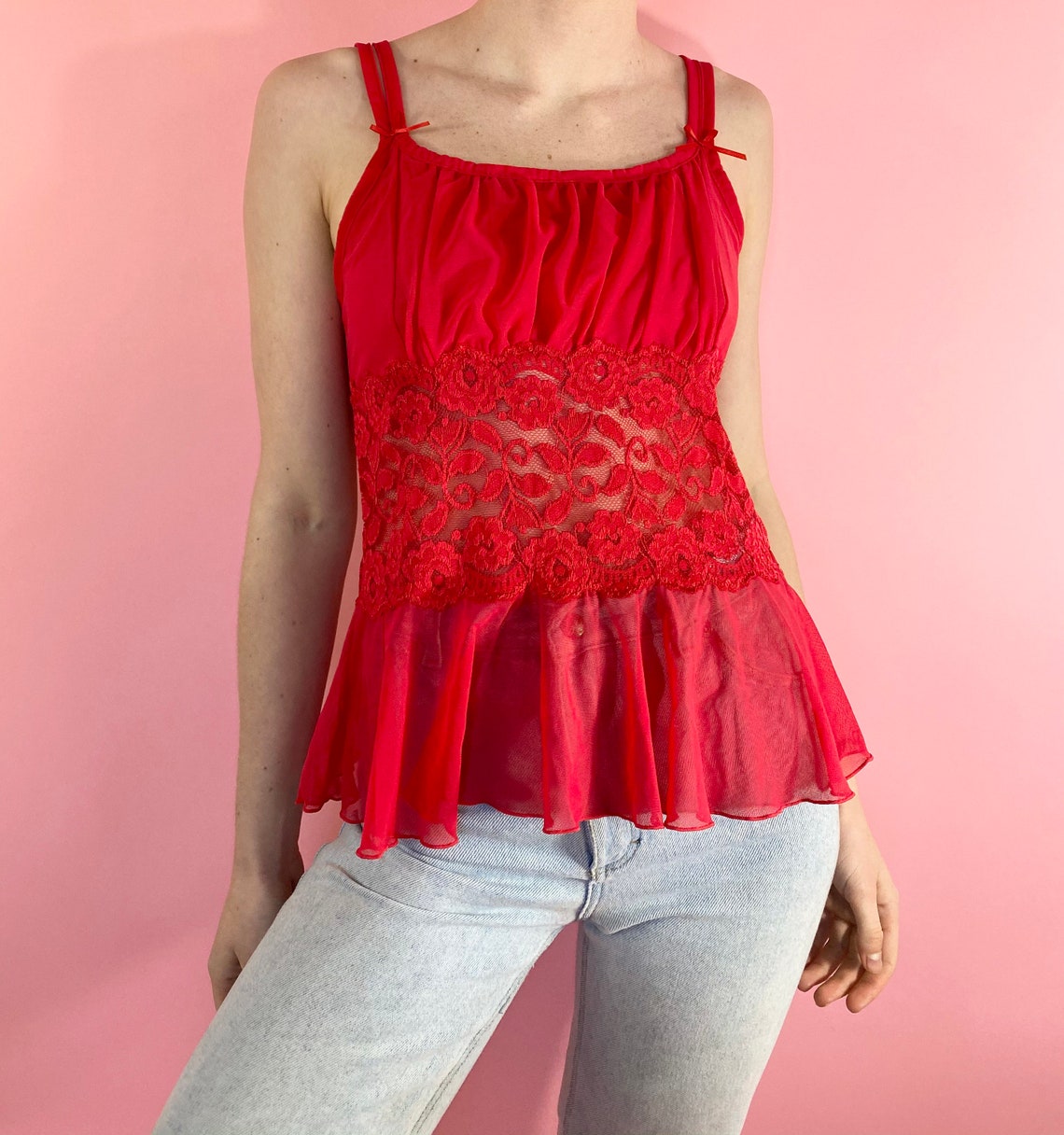 Vintage Y2K 2000s Babydoll Sheer Mesh Cherry Red Floral Encaje | Etsy