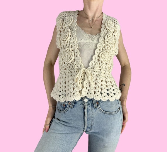 Y2K Cream Crochet Fairy Grunge Vest Size Small -  Canada