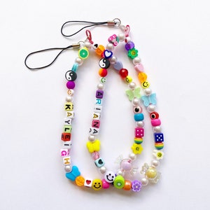 Vatogon Beaded Phone Strap Y2K Beaded Phone Charms Smiley Face Fruit Star  Letter Pearl Handmade Rainbow Acrylic Polymer Clay Beads Keychain for Women