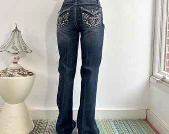 Y2K faded dark wash low rise flare leg rhinestone jeans by Nine West Jeans size 6/27