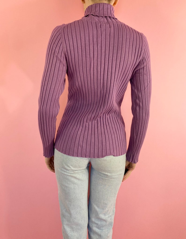 Vintage 90s 1990s Ribbed Purple Solid Print Basics Long Sleeve Turtleneck Sweater Shirt Blouse
