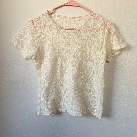 Vintage Cream Lace Semi Sheer Babydoll Shirt  Siz… - image 3