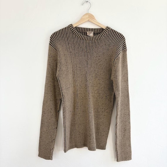 Y2K Tan Brown Ribbed Knit Fitted Skater Sweater by Ferruche