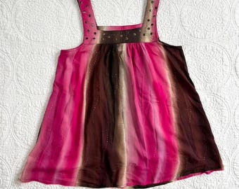 Top de tirantes semitransparente rosa y marrón estilo Y2K con adornos, talla XS/S