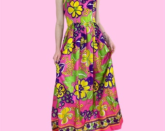 Vintage 60s 70s Neon Green Purple Yellow White Floral Psychedelic Wide Strap Maxi Dress Size Medium