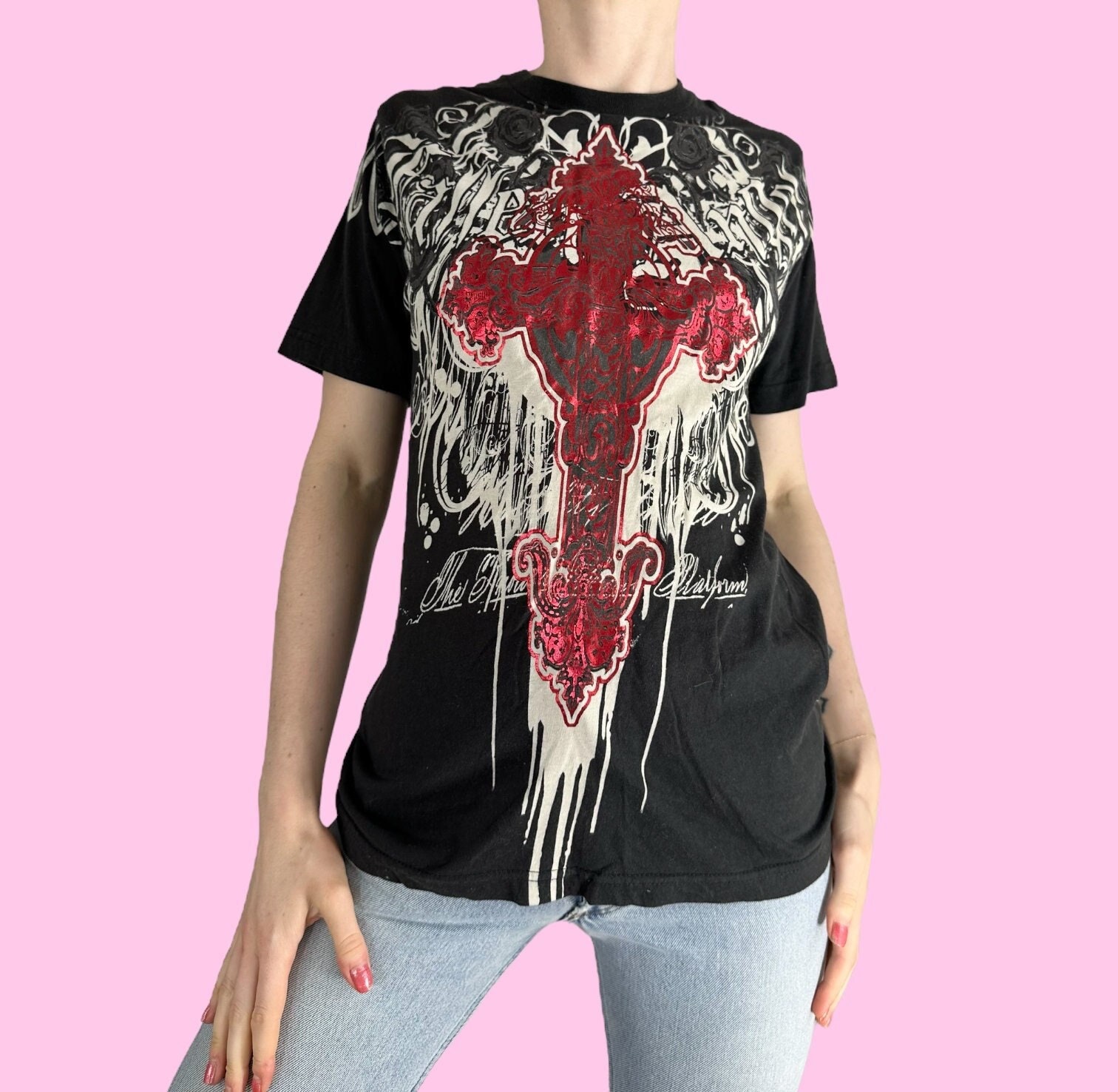 Heren Cross Grafische Print T-Shirt Y2k Gothic Grunge Shirt Oversized