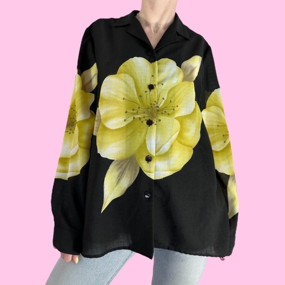 Vintage 90s Black Floral Semi Sheer Blouse Shirt … - image 2