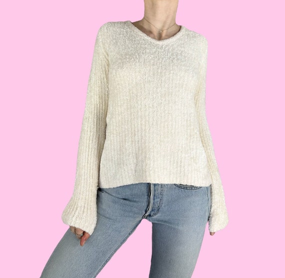 Y2K Cream Soft Fuzzy Sweater Size Medium - image 3