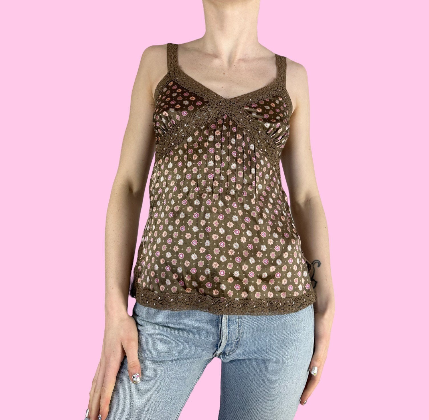 Y2K American Eagle Brown Floral Babydoll Fairy Grunge Silk
