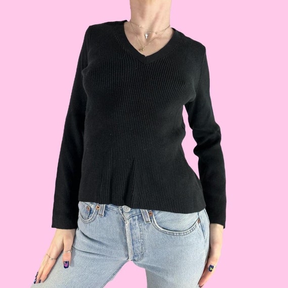 Y2K Black V-Neck Ribbed Sweater Blouse Size Medium - image 1