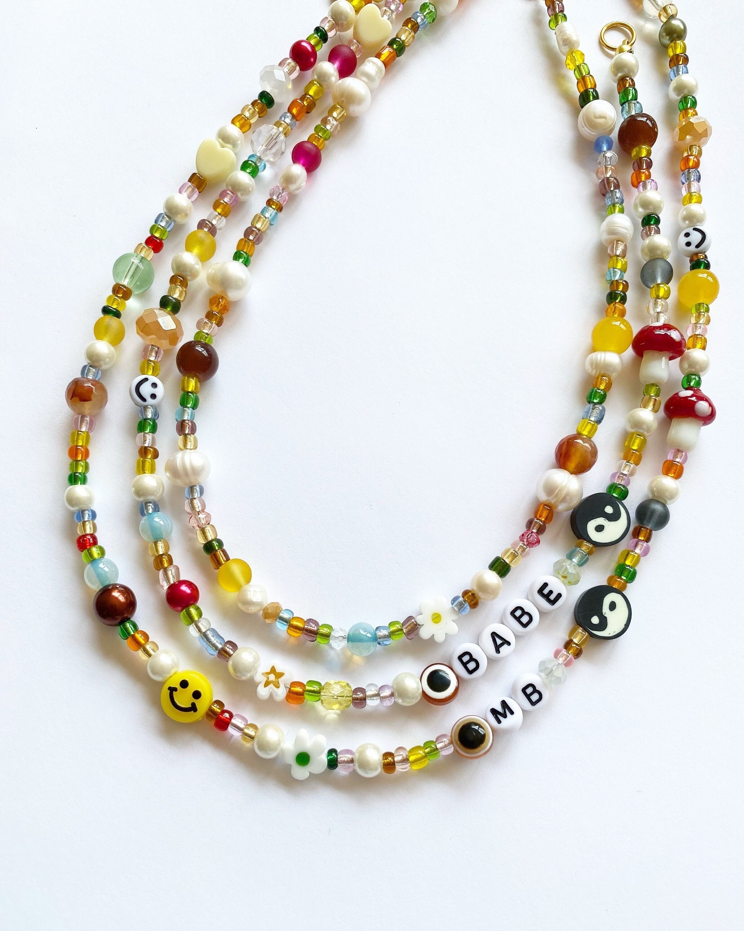 Handmade 90s Y2K Inspired Trendy Beaded Necklace Random Mismatched Fun Beads Smiley Face Fruit Dice Fun Rainbow Necklace Bright Unique