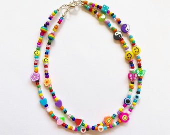 Handmade 90s Y2K Inspired Trendy Beaded Necklace Random Mismatched Fun Beads  Smiley Face Fruit Dice Fun Rainbow Necklace Bright Unique 