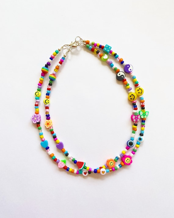 Handmade 90s Y2K Inspired Trendy Beaded Necklace Random Mismatched Fun Beads  Smiley Face Fruit Dice Fun Rainbow Necklace Bright Unique 