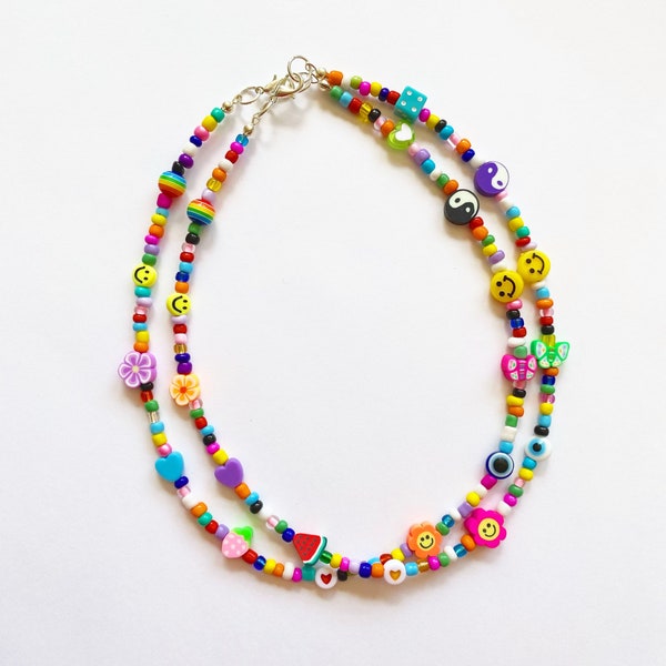 Handmade 90s Y2K Inspired Trendy Beaded Necklace Random Mismatched Fun Beads Smiley Face Fruit Dice Fun Rainbow Necklace Bright Unique