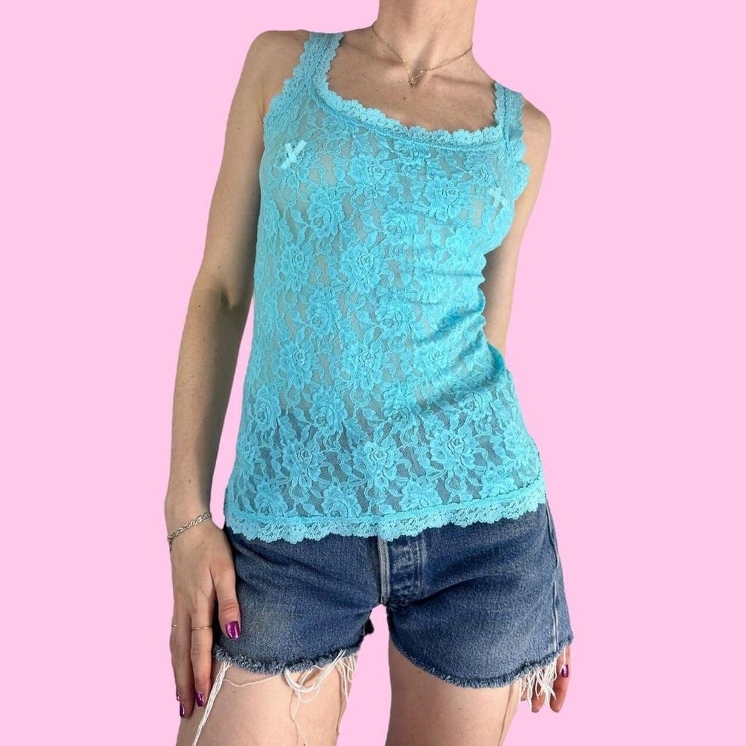 Y2K Hanky Panky Aqua Blue Lace Babydoll Tank Top Cami Size Medium Etsy