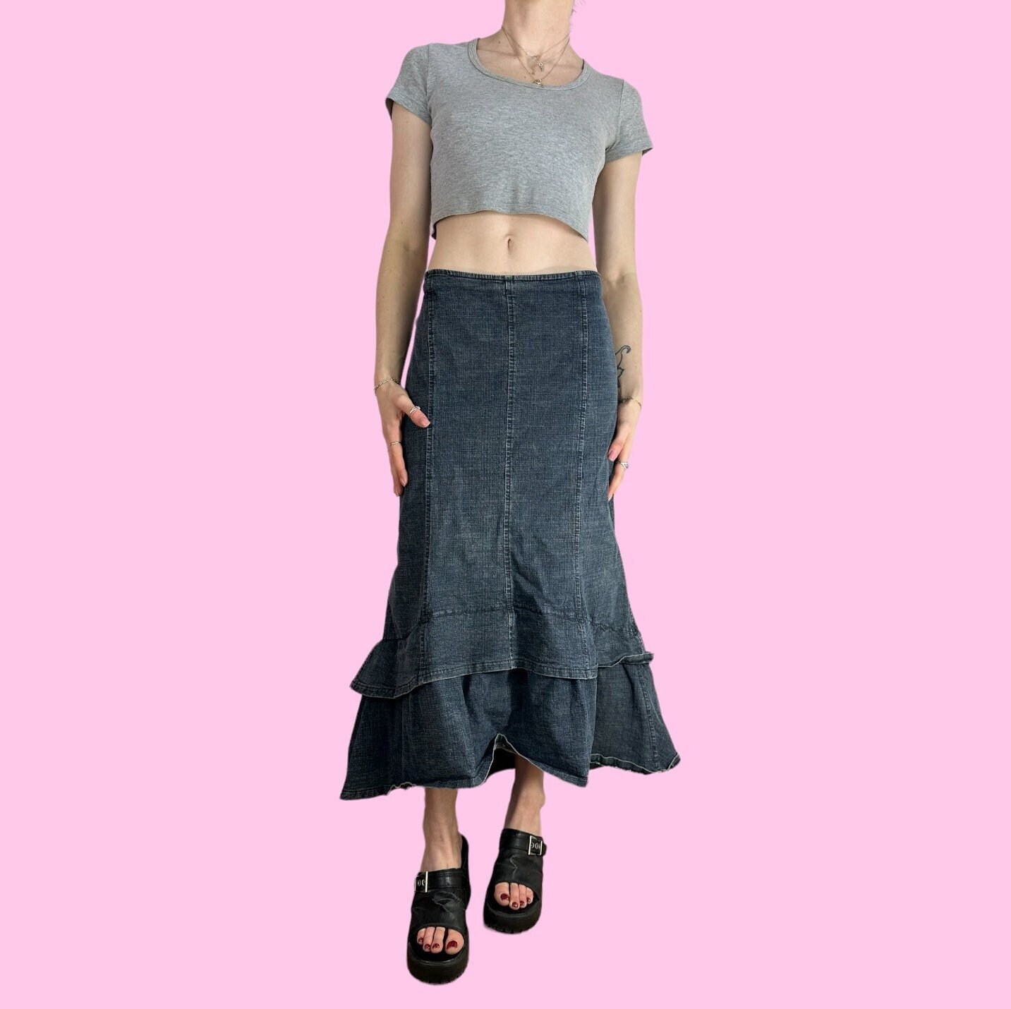 Y2K Denim Low Rise Fairy Grunge Maxi Skirt Size 14 W35 W34