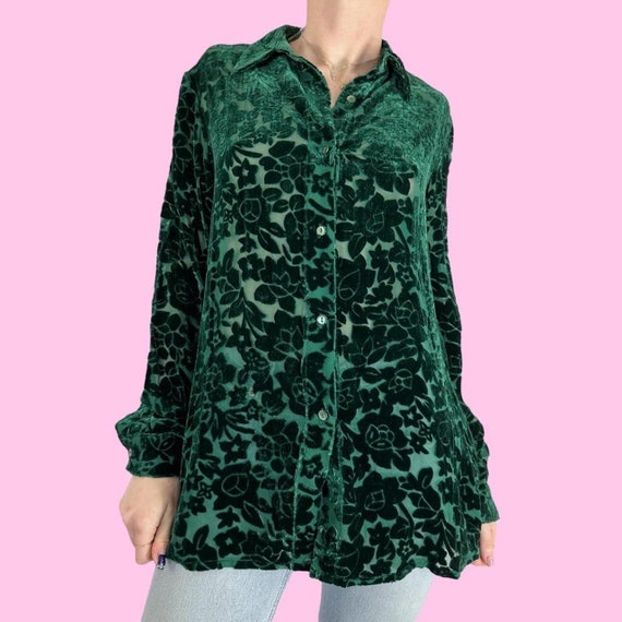 Vintage 90s Emerald Green Floral Velvet Silk Semi… - image 2