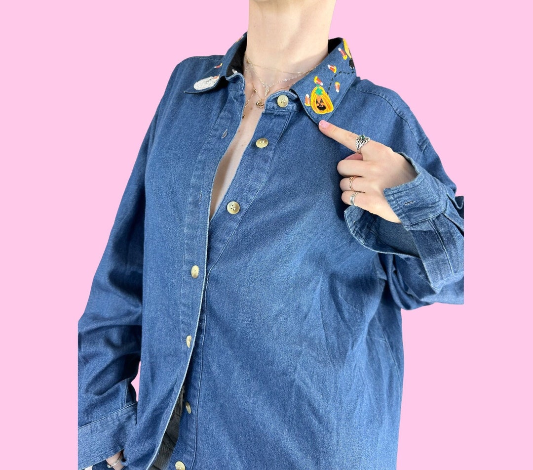 Vintage 90s Denim Embroidered Halloween Button up Shirt Size Etsy