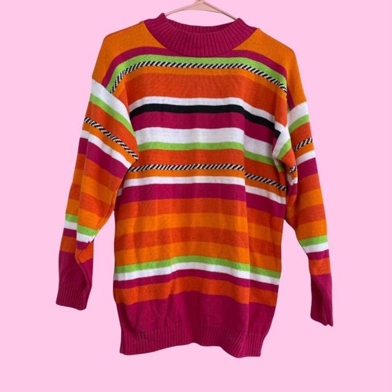 Vintage 90s Pink Orange Green Striped Mockneck Sw… - image 2