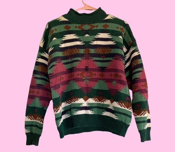 Vintage 80s Dark Green Pink Geometric Mockneck Sw… - image 2