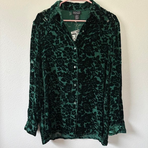 Vintage 90s Emerald Green Floral Velvet Silk Semi… - image 3