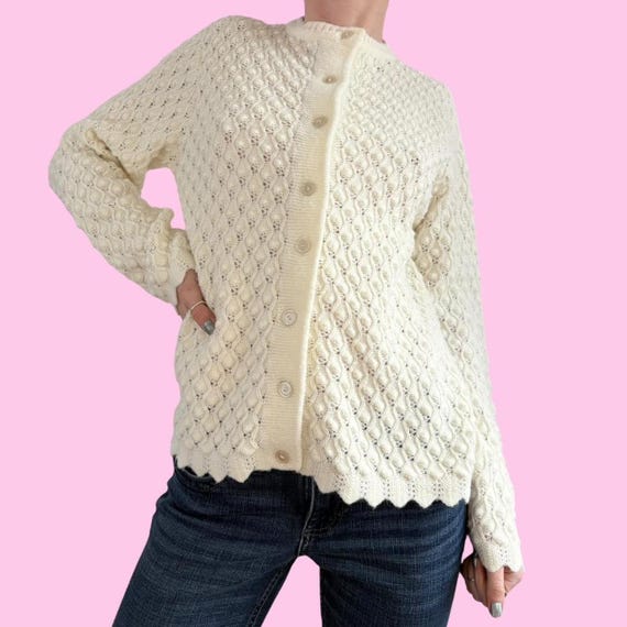 Vintage 70s Cream Eyelet Crochet Knit Cardigan by Nan Dorsey Size