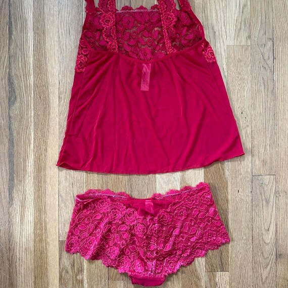 Y2K Cabernet Red Floral Lace Two Piece Cami Panty… - image 4