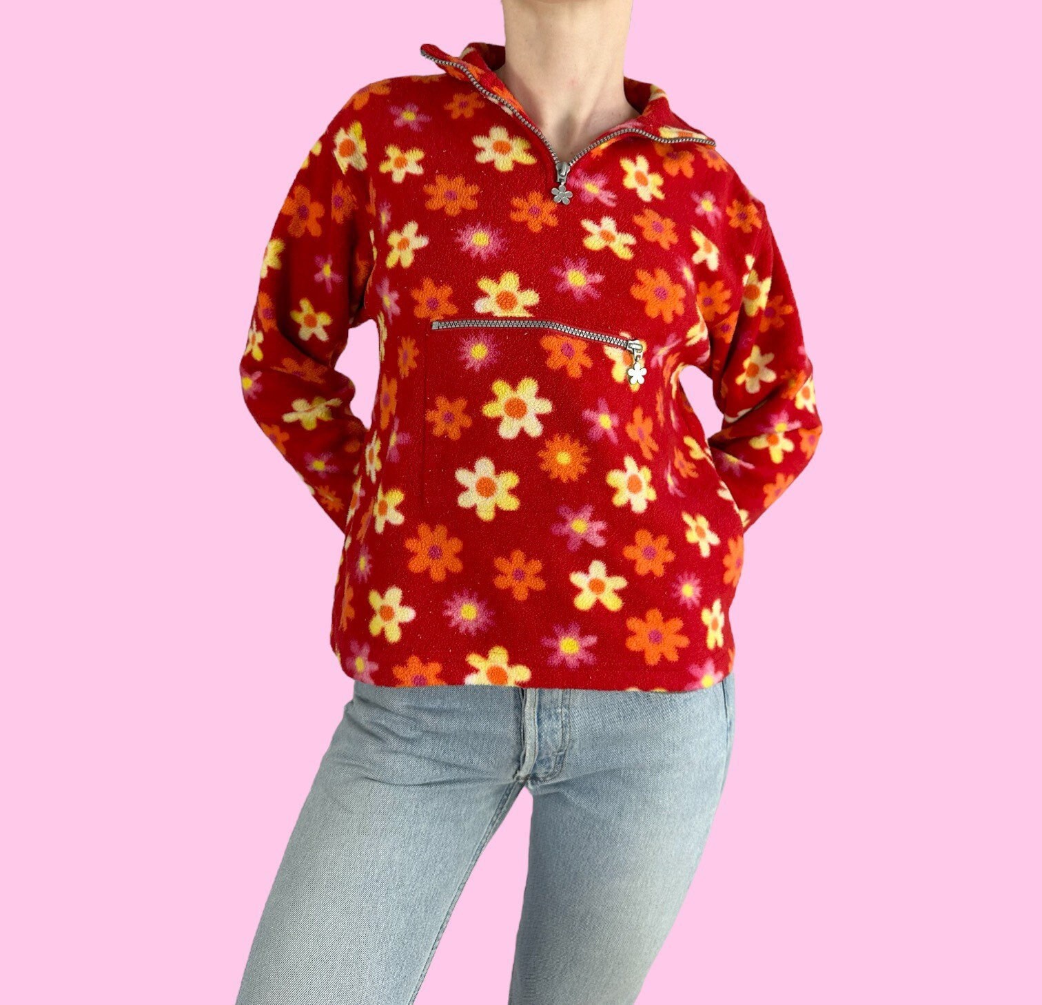 Y2K Red Floral Fleece 3/4 Zip Jacket Size Small - Etsy