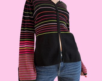 Vintage 90s Black Multicolor Striped Knit Wide Sleeve Cardigan by