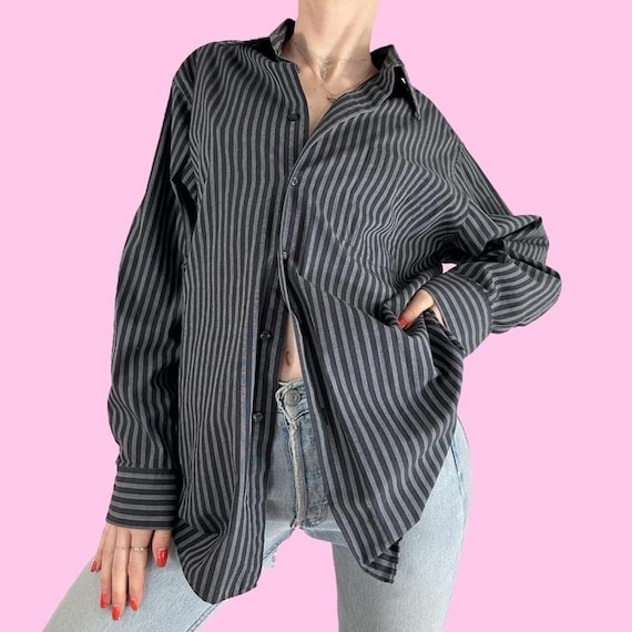 Y2K Black Grey Striped Cybercore Dress Shirt  Size